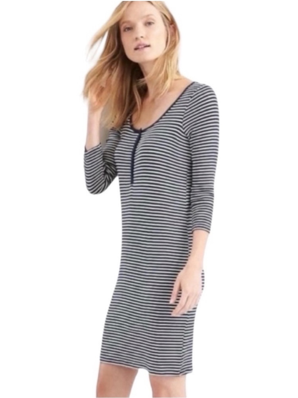 NEW Gap Navy and White Stripe Scoop Neck 3/4 Sleeve Henley Dress Size Small